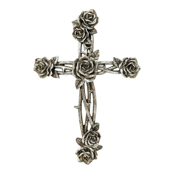 Rustic Vintage Style Resin Silver Tone Rose and Thorn Cross Spiritual Wall Art Décor