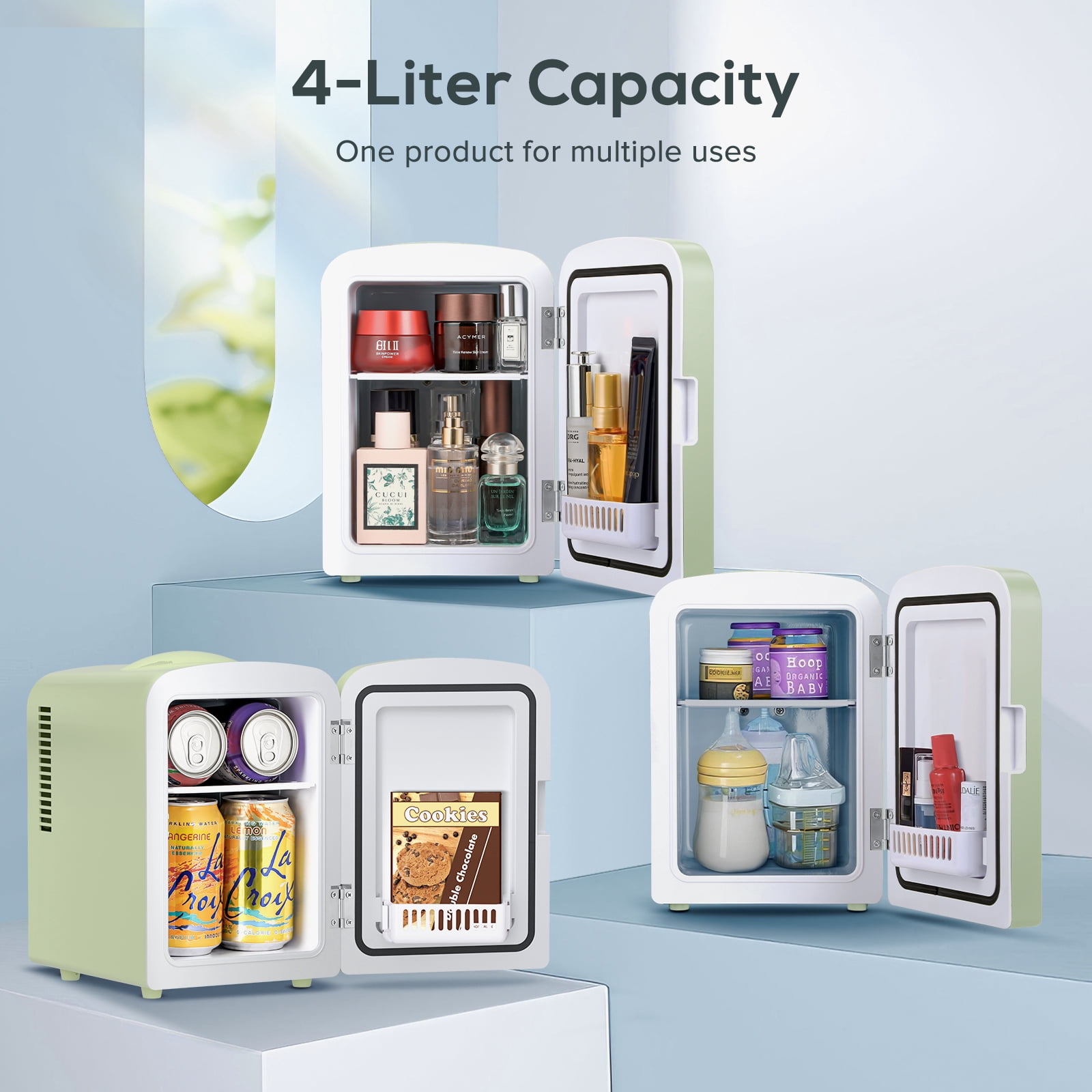 Auseo Mini Personal Fridge Cooler, LED Lighted Mirror, 4L Capacity Portable, Makeup and Skincare - AC/DC Refrigerator, Car, Office Desk & Dorm - Chills 6 Cans, GREEN