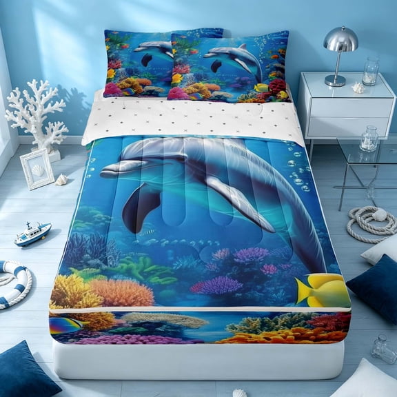 Erosebridal Marine Animal Zipper Twin Comforter Sets with Fitted Sheet and 2 Pillowcases, Cartoon Dolphin Zipper Bedding Set, Reversible