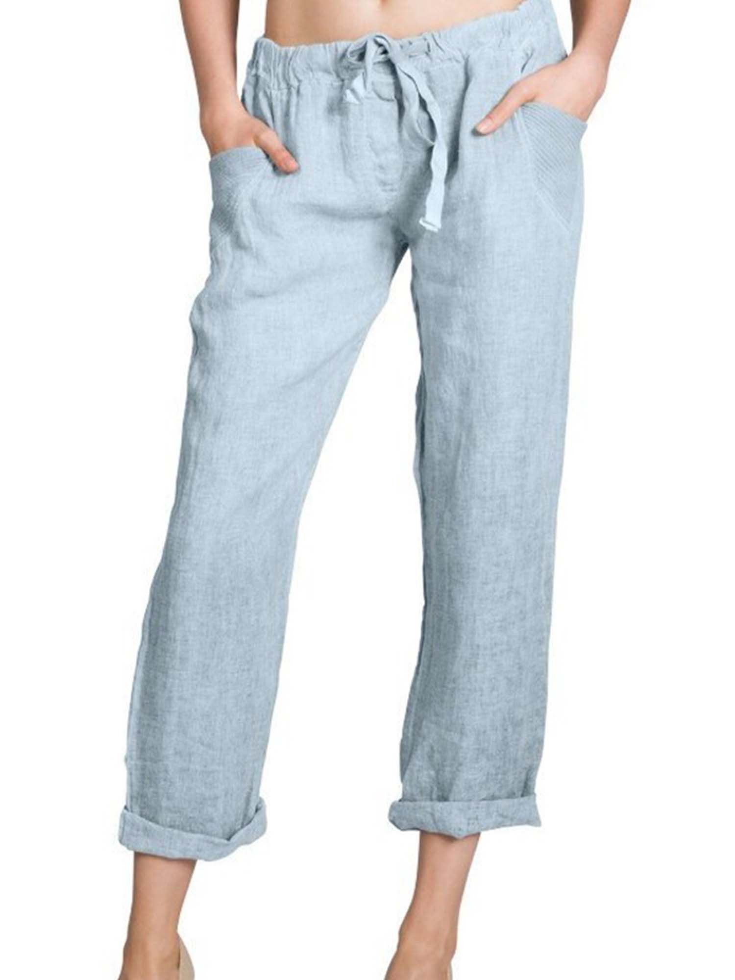 Womens Summer Beach Cropped Pants Casual Drawstring Plain Loose Comfy