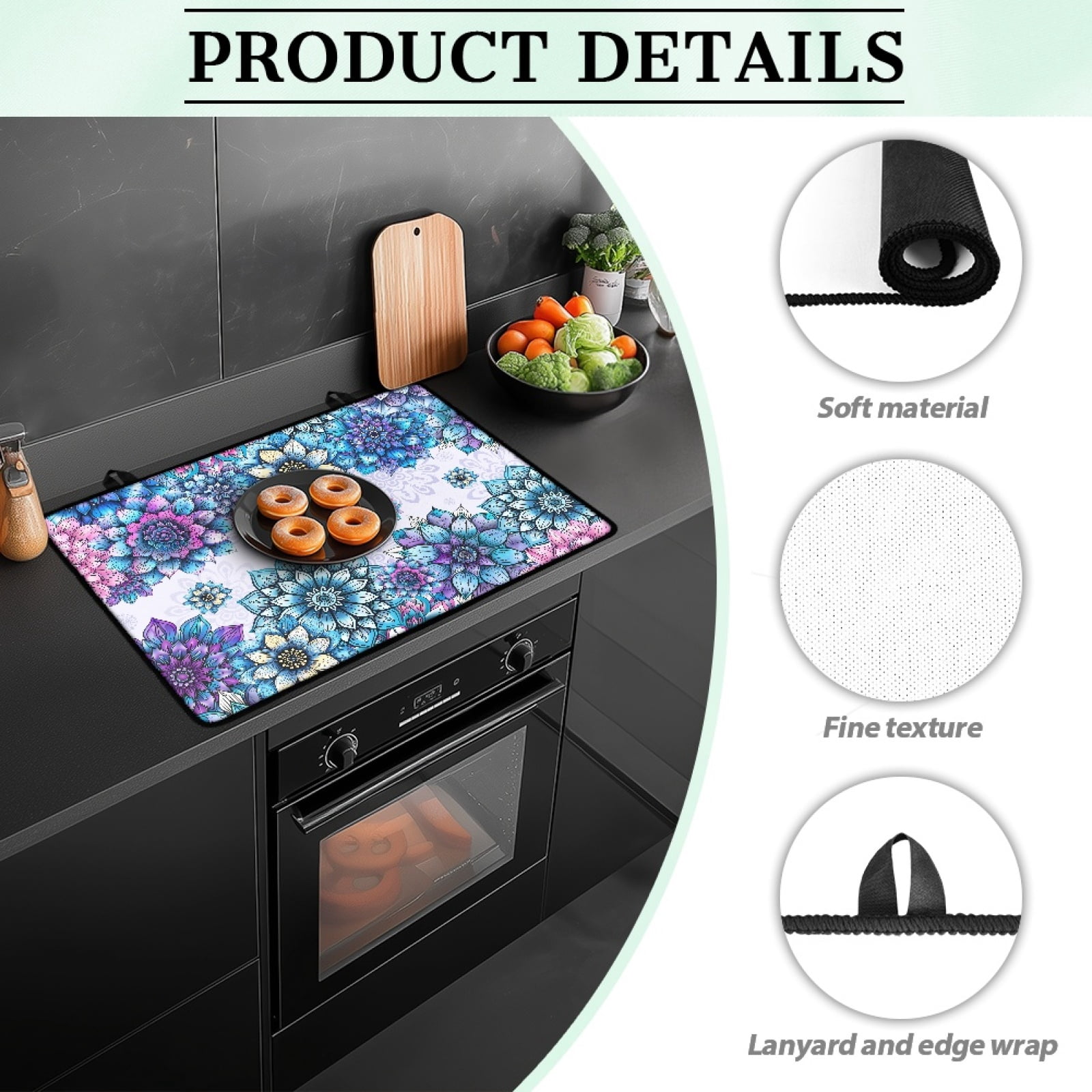 Renewold Glass Top Stove Cover Electric Stove Mat Foldable Non-slip Cooktop Mat Multipurpose Washer Dryer Top Protector Range Cover for Kitchen Counter, Bohemian Flower Blue
