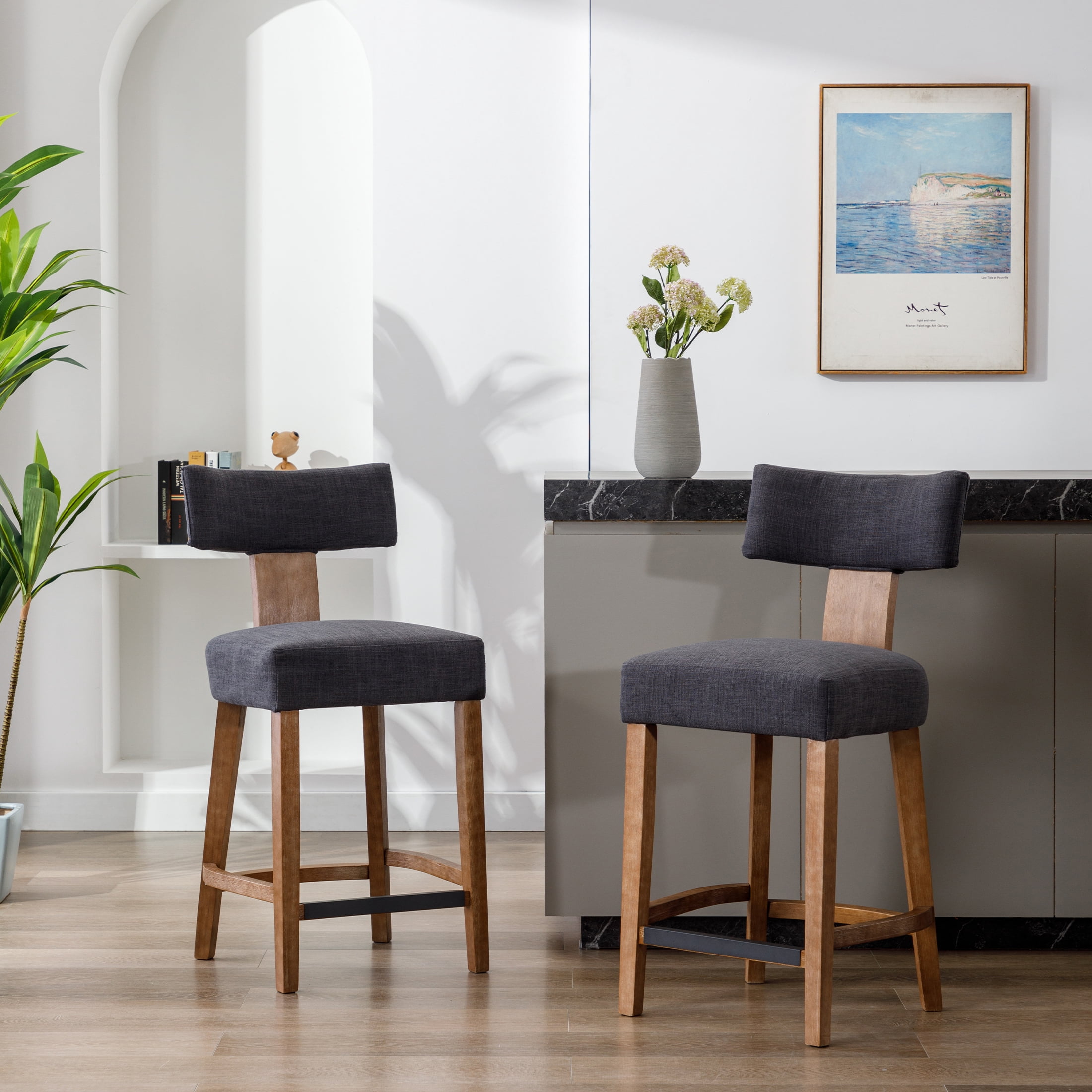 Guyou 26" Bar Stool Set of 6, Modern Linen Upholstered Counter Height Barstools with Hardwood Frame, Wooden Farmhouse Kitchen Island Chairs for Bar Restaurant, Charcoal