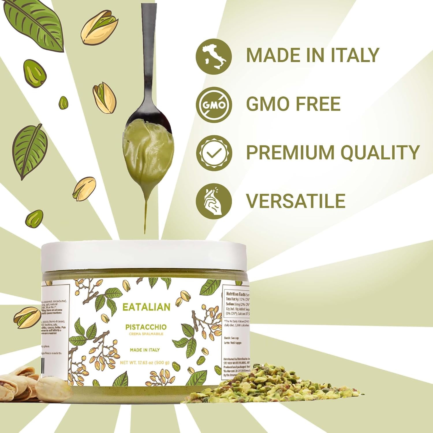 EATALIAN by AMZ BETTER Pistachio Cream, 17.63 oz/500 gr, Delicious Spreadable Cream with Sweet and Unique Taste, Perfect with Ice Creams, for Filling Cakes and Dubai Chocolate, Made in Italy