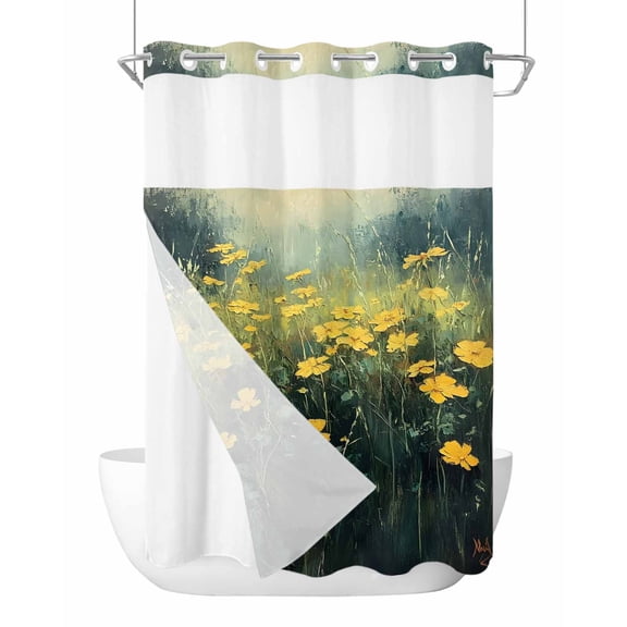 No Hook Cloth Fabric Shower Curtain with Snap in Liner, Yellow Spring Floral Waterproof Shower Curtains Set with See Through Top Window, Modern Oil Painting Summer Botanical Bath Curtains 72"x96"