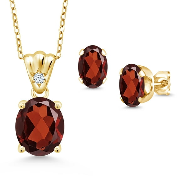 Gem Stone King 18K Yellow Gold Plated Silver Red Garnet and White Zirconia Pendant and Earrings Jewelry Set for Women (6.68 Cttw, Gemstone Birthstone, Oval 11X9MM and 8X6MM with 18 inch Silver Chain)