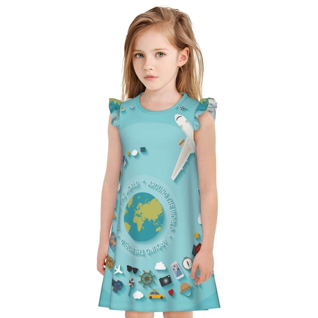 Fotbe Travelling on Airplane Vestido de Dormir para Niñas de 3 a 10 Años, Mangas Cortas, Estilo Princesa, Pijama Camisón con Mangas Voladas-Small