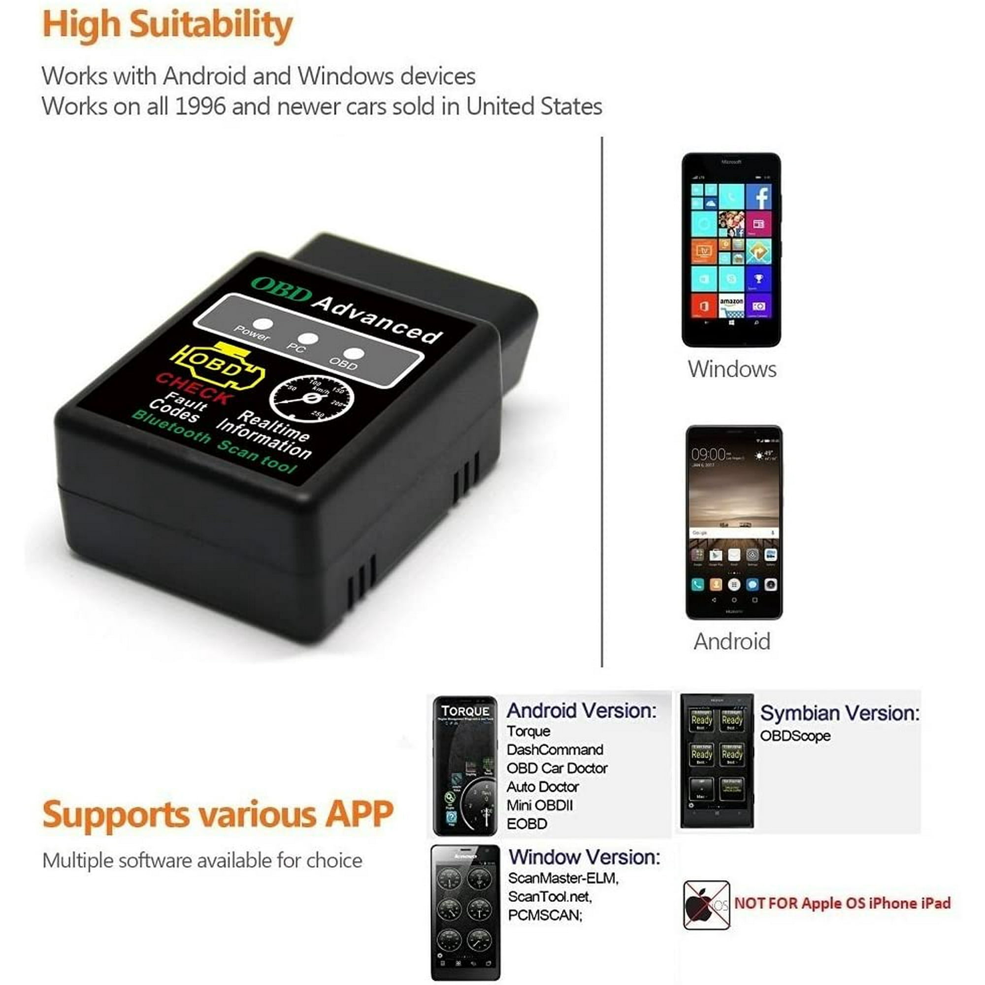 axGear BANIGIPA Bluetooth OBD2 Scanner Auto OBD II outil de diagnostic de voiture pour Android, vérifier le lecteur de Code lumineux du moteur | Walmart Canada