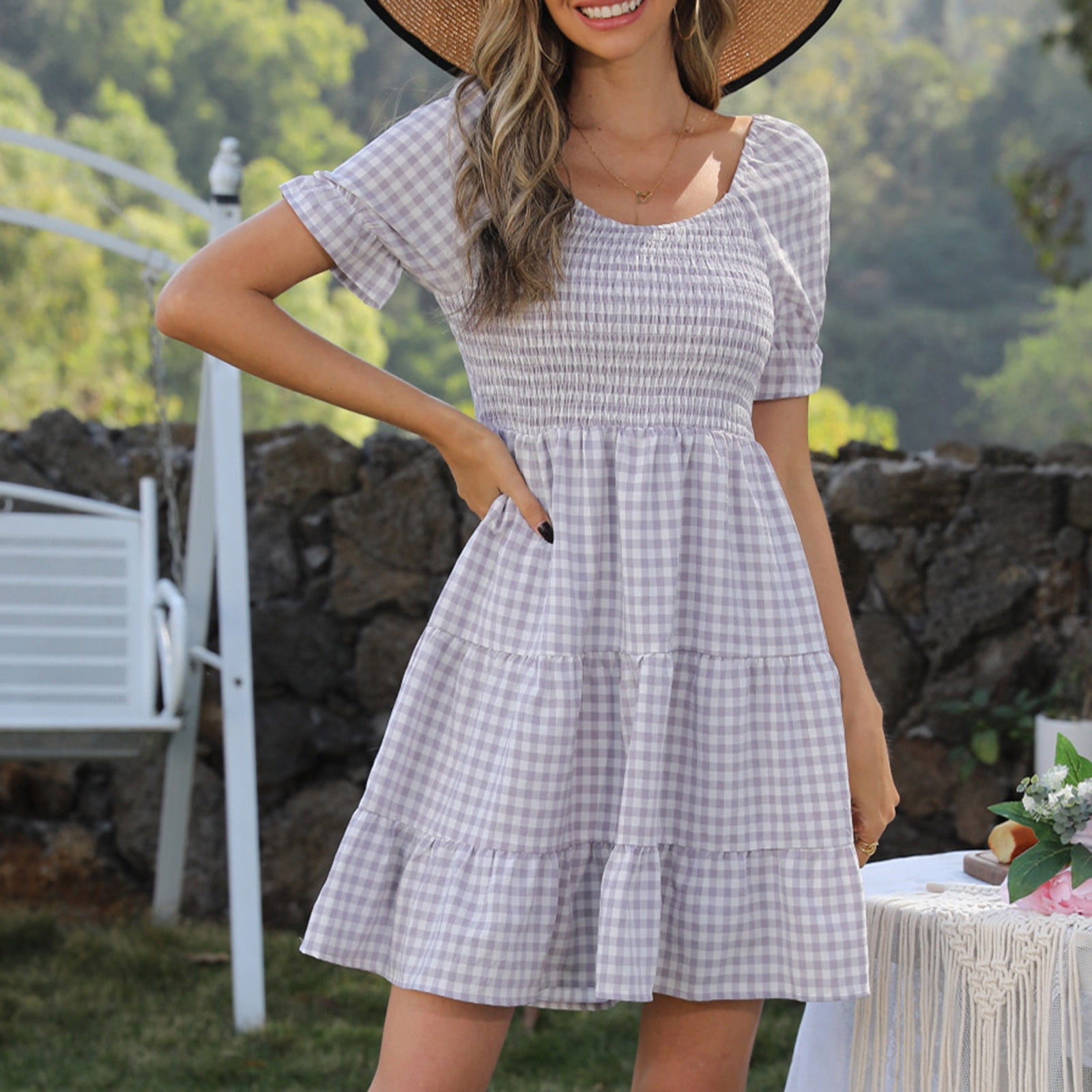 XZNGL Ruffle Dress for Women Sexy Women Sexy Fashion Short Sleeve Ruffle Plaid Dress Short Dress for Women Sexy Short Sleeve Dress Ruffle Dress Women Women Dress Shoes Walmart