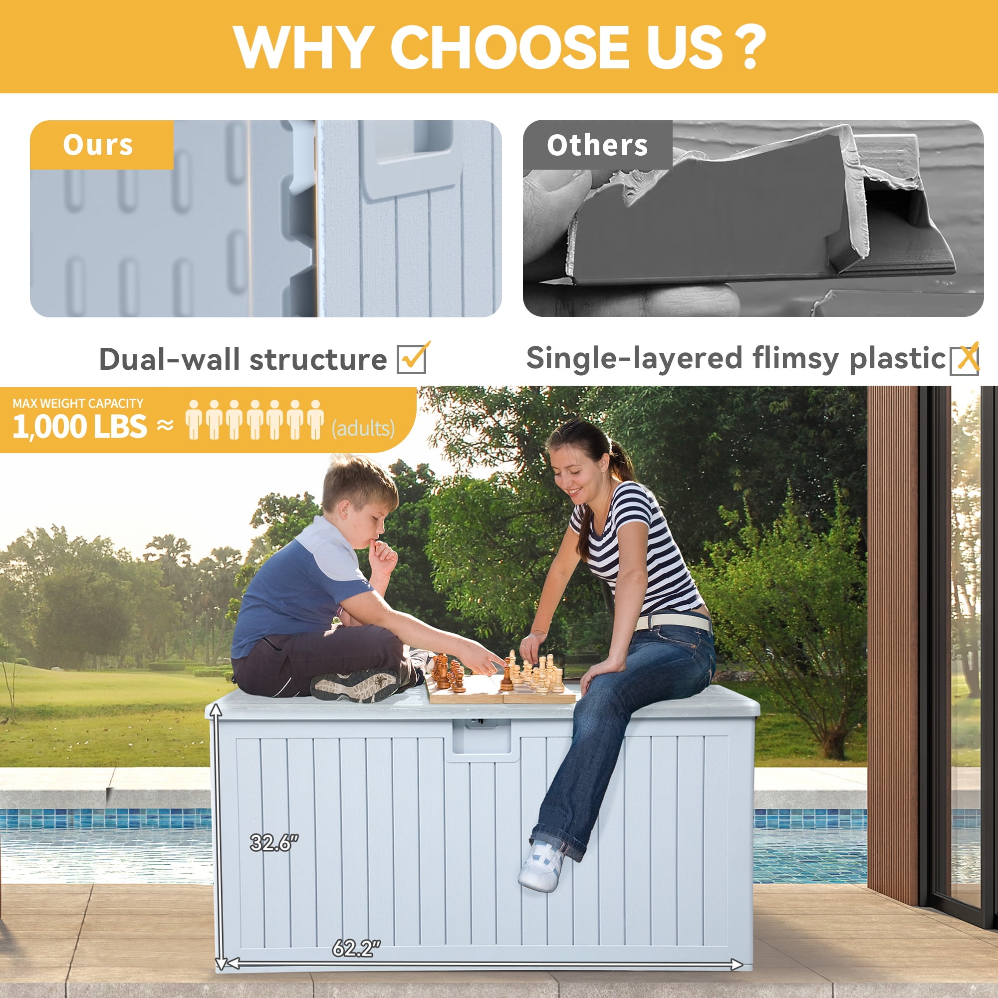 Dextrus Outdoor Waterproof 230 Gallon Resin Deck Box, Grayish-White