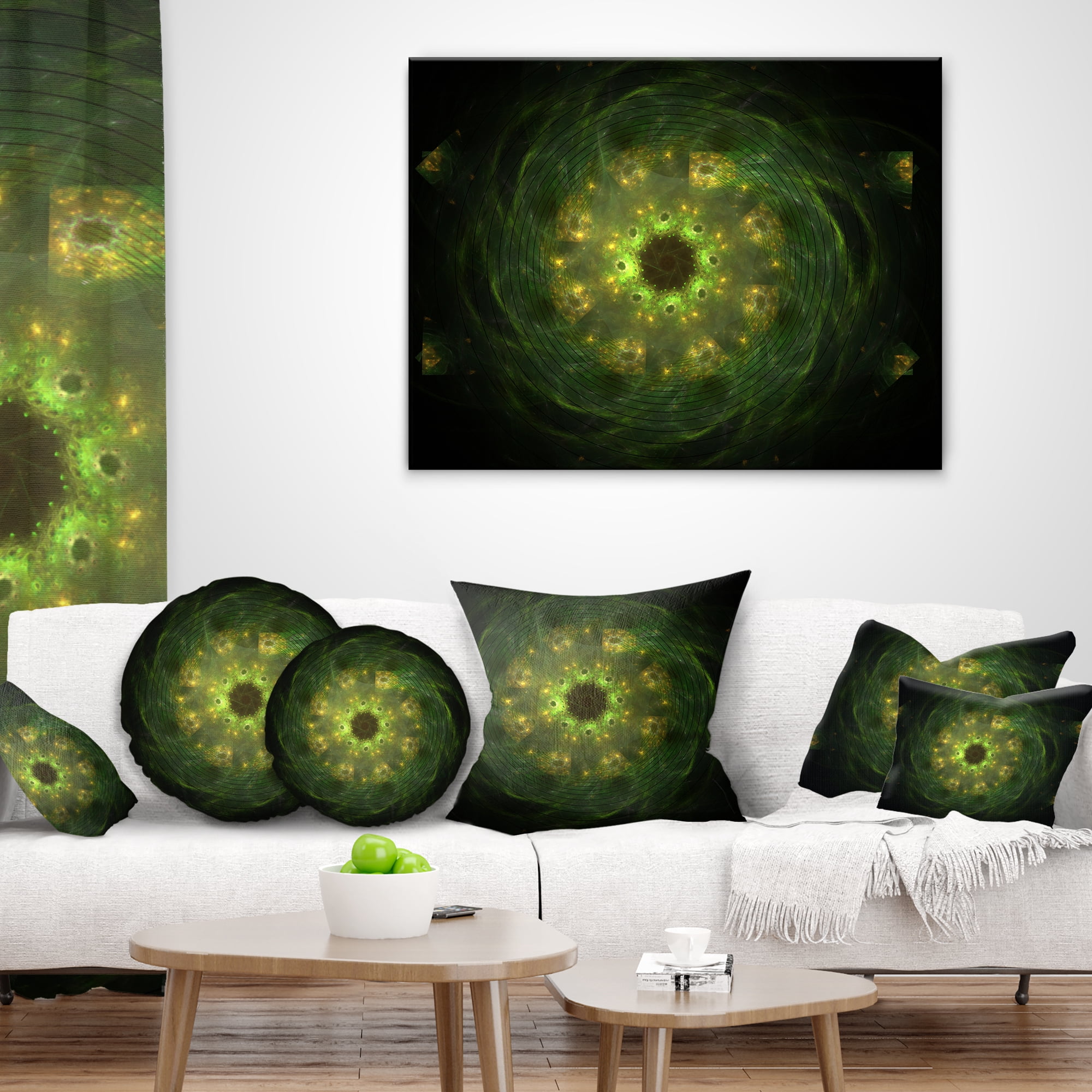 Designart Bright Green Fractal Flower in Black - Floral Throw Pillow - 18x18