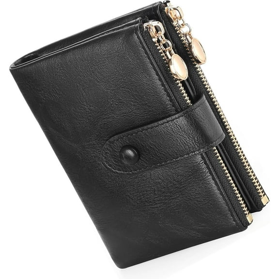 Small Wallets for Women Leather RFID Blocking Bifold Double Zipper Pockets Wallet Card Case Purse with 2 ID Windows