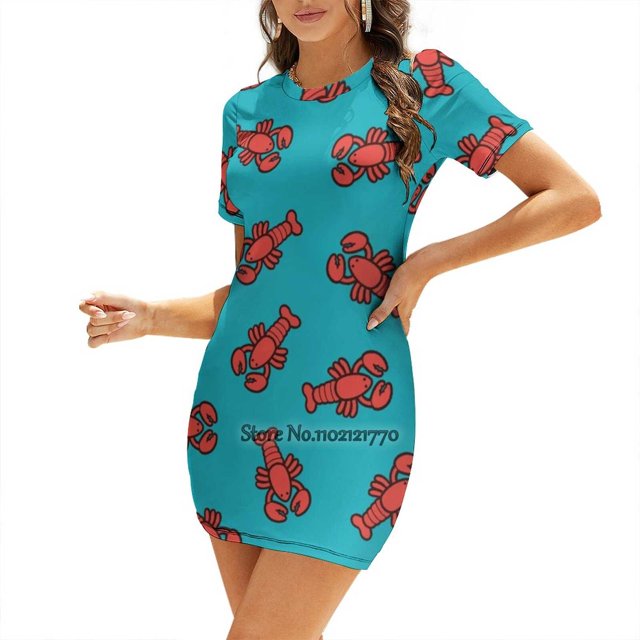 Motif Homard sur Fond Turquoise Bleu Robe Dos Nu à Lacets Robe Col Carré Robe Imprimée Mode 6TG Homard Homards