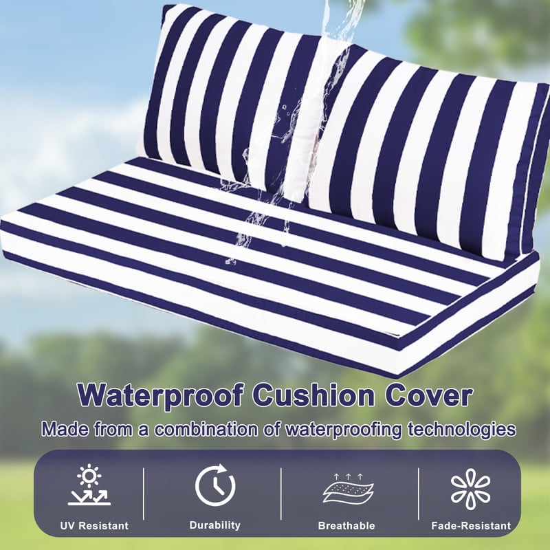 Outdoor Loveseat Cushions Set 48" x 24" Water Repellent & Fadeness Patio Furniture Cushions with Removable Cover and Ties, Patio Love Seat Sofa Cushions for Porch Garden Chair （Blue white stripes）