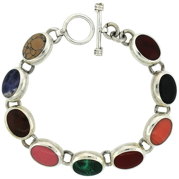 925 Sterling Silver Multi Color Stone Oval Link Bracelet 12mm