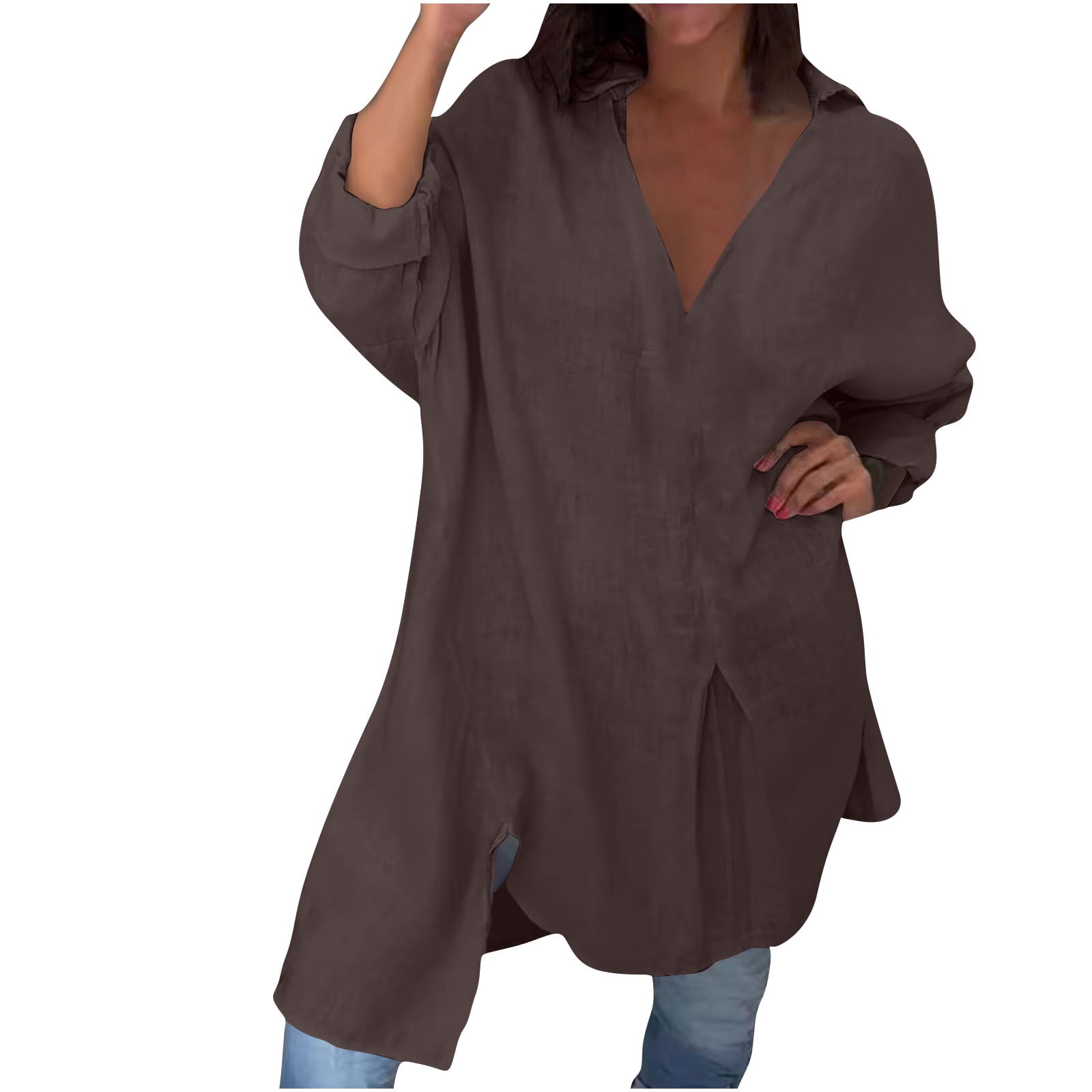 Women Cotton Linen Shirts Dress Long Sleeve Dress Shirts V-neck Blouses Beach Casual Solid Tunic Sundress