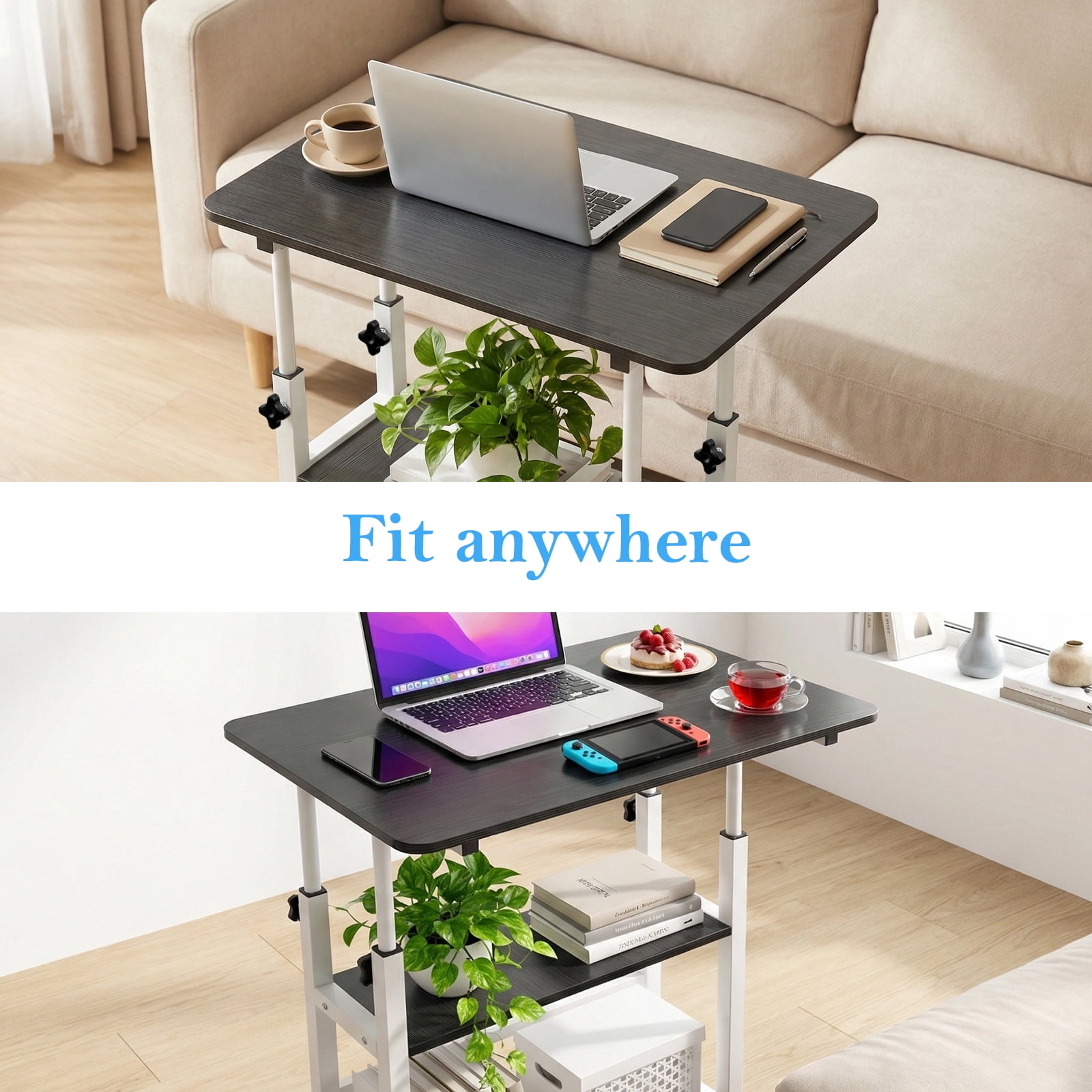 32 Inch Rolling Desk Black Adjustable Height Small Standing Desk on Wheels with Storage Shelves Portable Computer Desk for Home Office Study Small Spaces