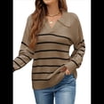 thumbnail image 3 of Suéter de Rayas para Mujer, Cuello en V, Larga, Suelto, de Punto, Jersey de Punto, Tops. Marrón S, 3 of 7