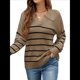 thumbnail image 3 of Suéter de Rayas para Mujer, Cuello en V, Larga, Suelto, de Punto, Jersey de Punto, Tops. Marrón S, 3 of 7