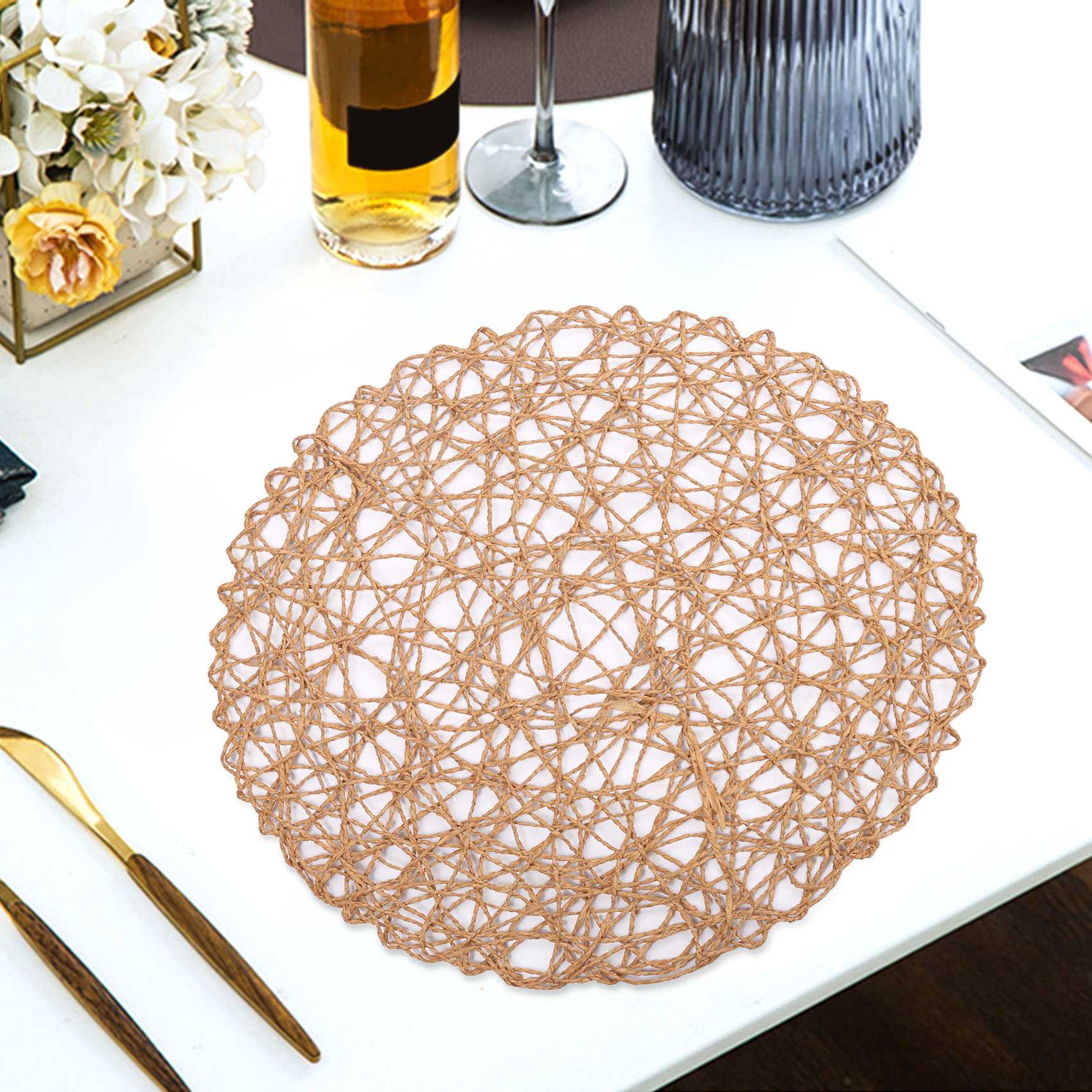 Lot De 9 Sets De Table Ronds Tissés Mandala 38 Cm – Résistants à La Chaleur, Lavables, Avec Pompons – Idéal Cuisine & Mariage