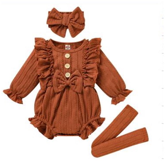 Gureui 3Pcs Infant Toddler Baby Girls Sweet Fall Outfits, Long Sleeve Crew Neck Button Front Ruffle Romper + Socks + Headband Set