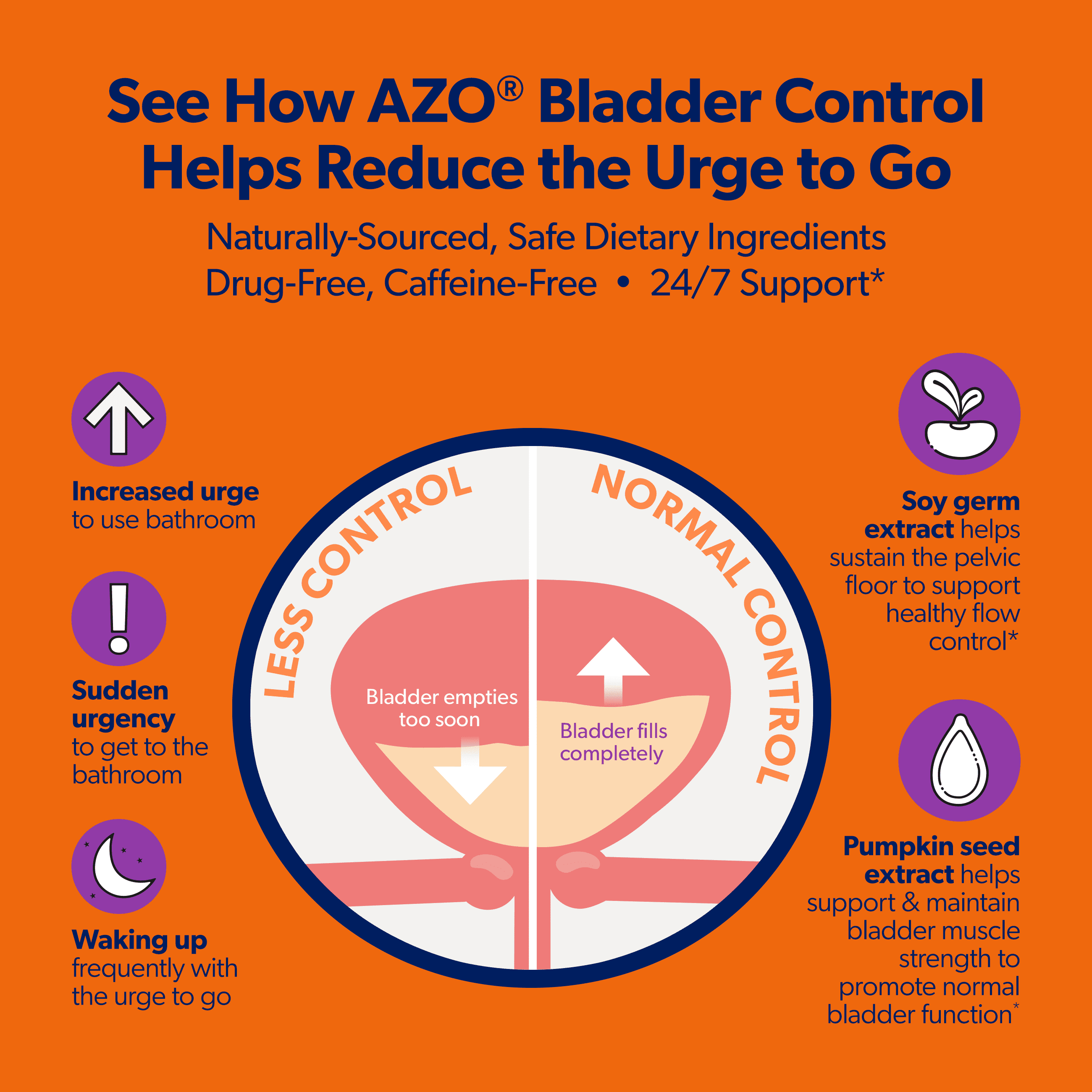 (3 pack) AZO Bladder Control with Go-Less® Blend Daily Supplement, Reduces Urgency & Leakage Naturally with 24-HR Support, 72 Count