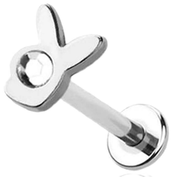 Body Accentz 316L Surgical Steel Labret Monroe Piercing, Bunny Shape with Gem, 16GA 5/16 Inch, Silver