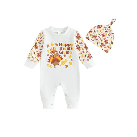 

RSRZRCJ Infant Baby Thanksgiving Rompers Turkey Print Long Sleeve Bodysuit Hat Newborn Jumpsuits