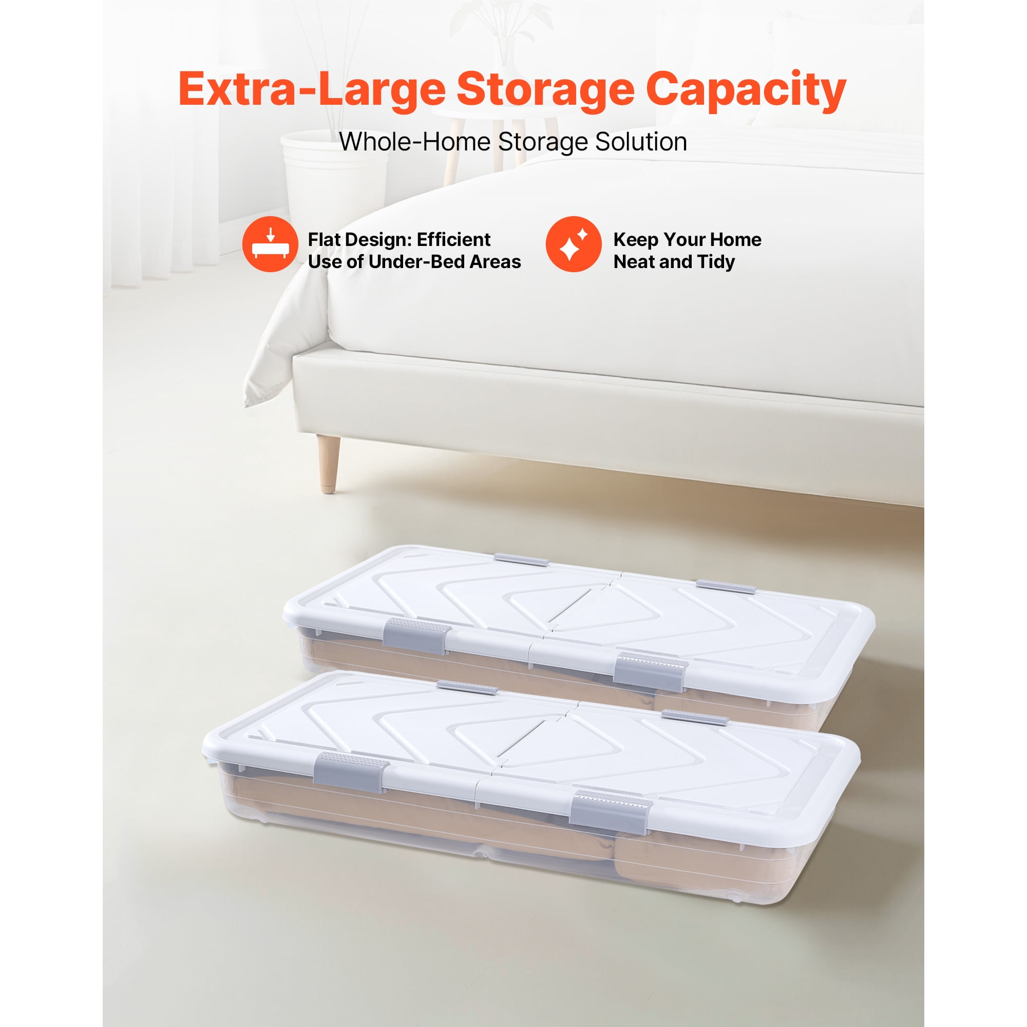 KFFKFF Under Bed Storage with Wheels, 31.7 x 15.6 x 6.9 inch Containers, Shoe Organizer with Lid & Gray Latch, Rolling Storage Bins for Clothes, Shoes, and Blankets, Set of 4