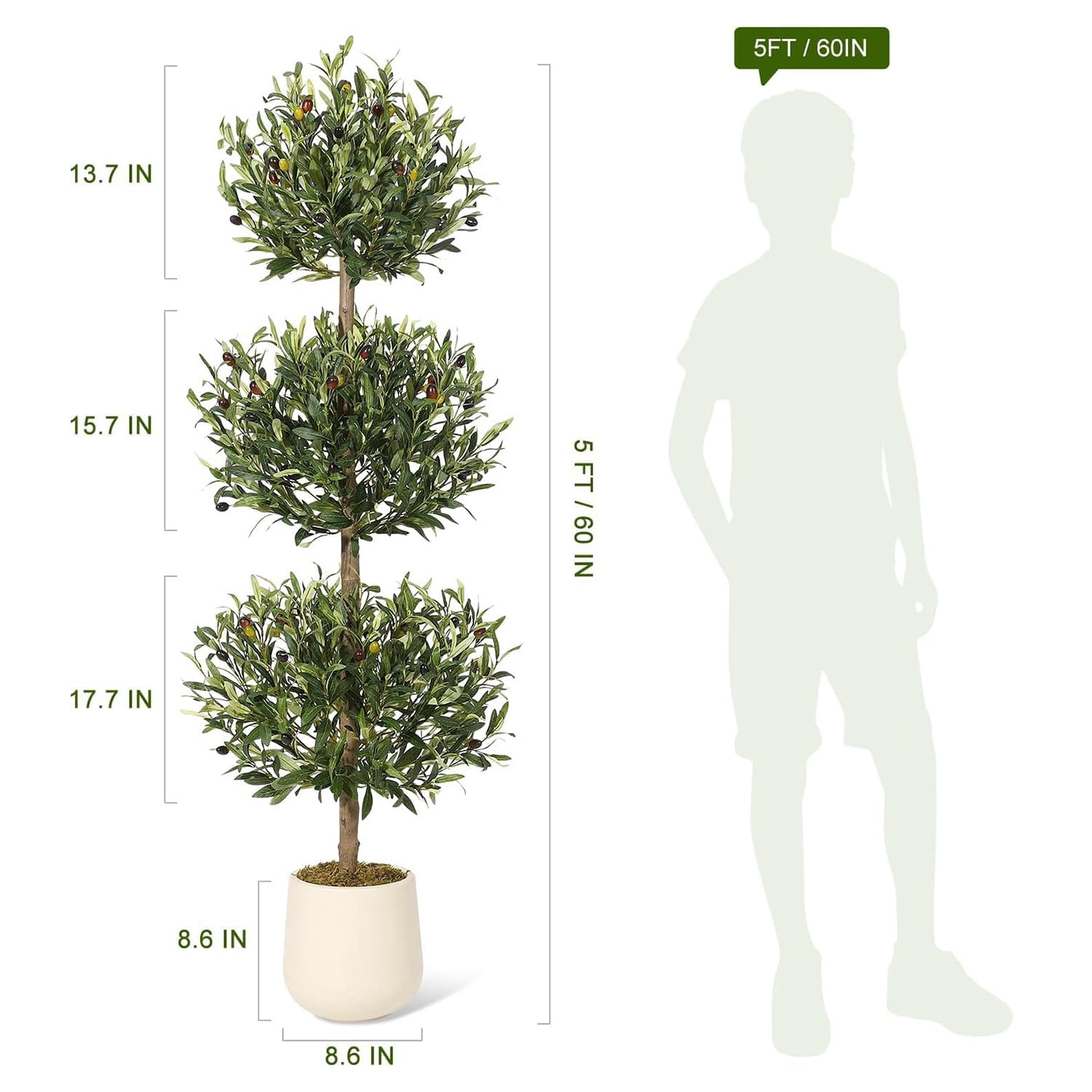 5FT Artificial Olive Tree, 3-Tier Spherical Design Faux Olive Tree with Moss & Inner Pot for Home Office Indoor Outdoor Decor