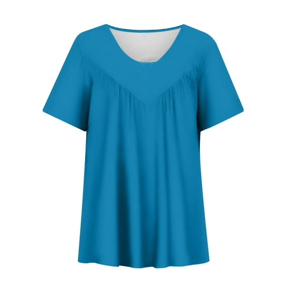 Lovskoo Plus Size Summer Tops for Women 2024 V Neck Short Sleeve Solid Color Print Blouse Pullover Tops Blouses Blue
