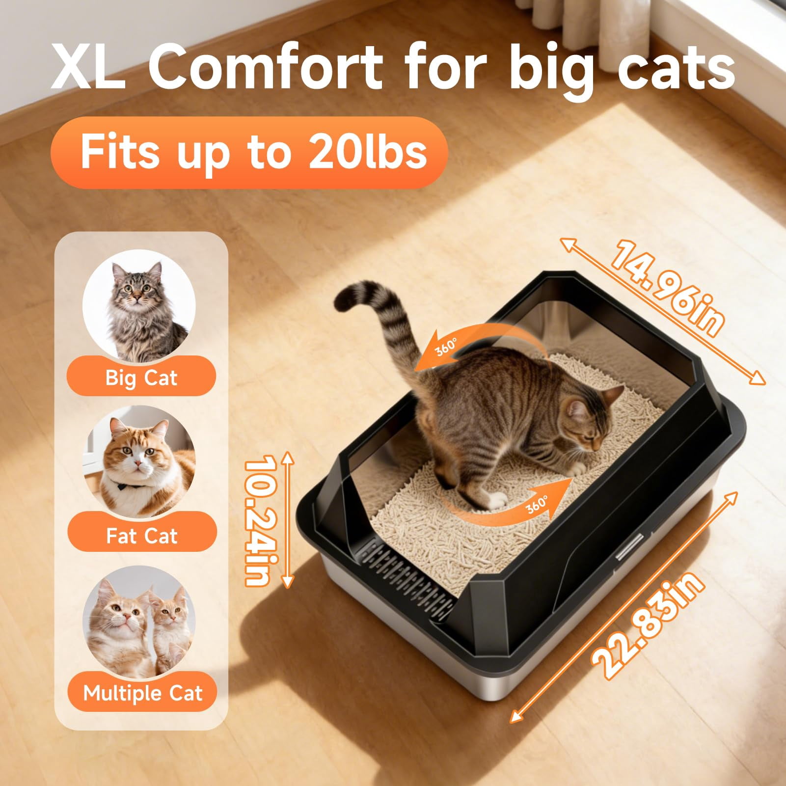 Stainless Steel Litter Box With High Sides Lid  Xl Sided Cat Pan Open Top Extra Large Metal Non-stick Leakproof Scoop Included Black
