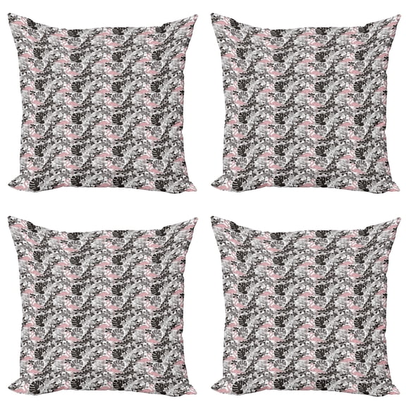 Ambesonne Flamingo Throw Pillow Cover 4 Pack, Orchid Palm, 20", Coral Black Grey