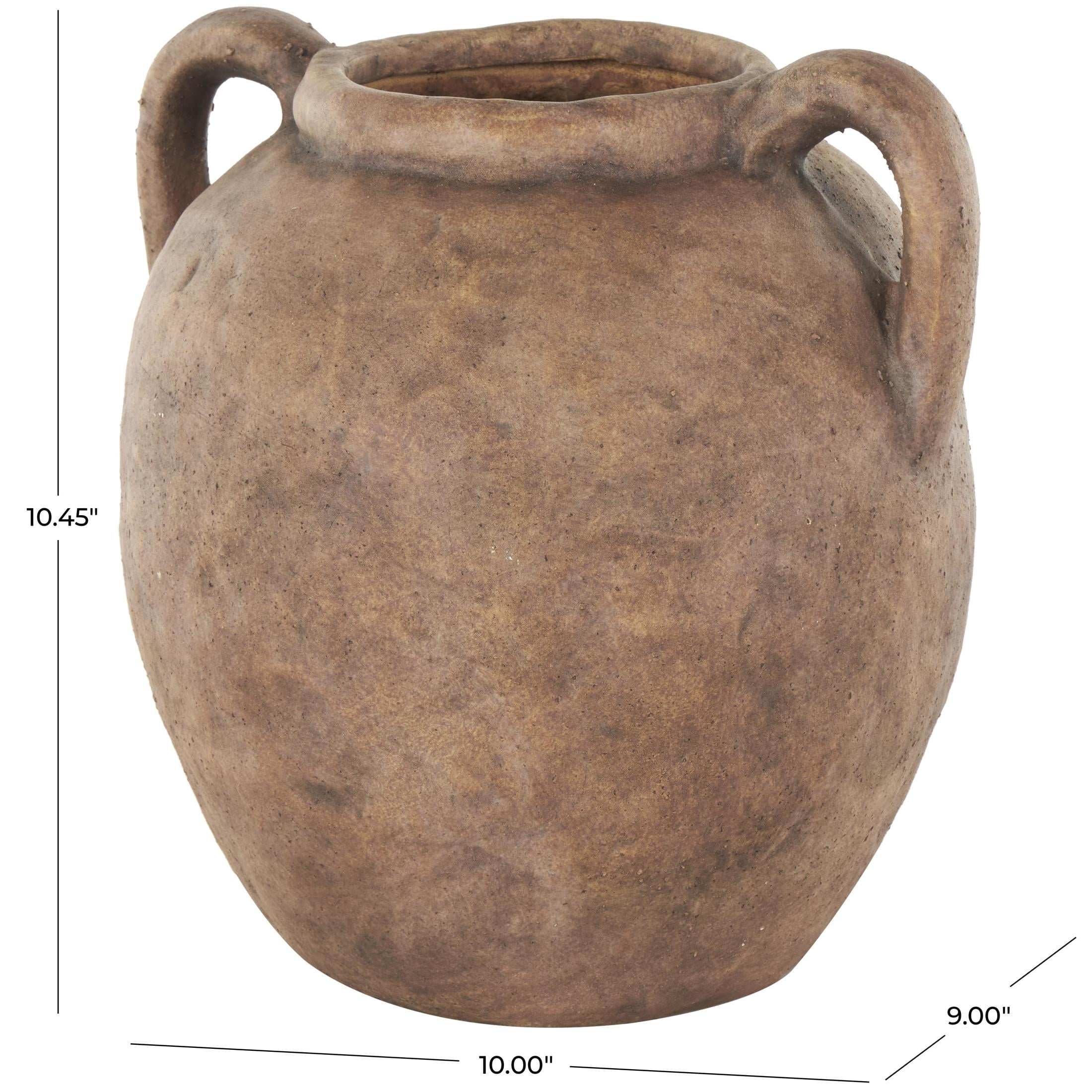 DecMode 10" Antique Style Textured Brown Ceramic Vase with Handles