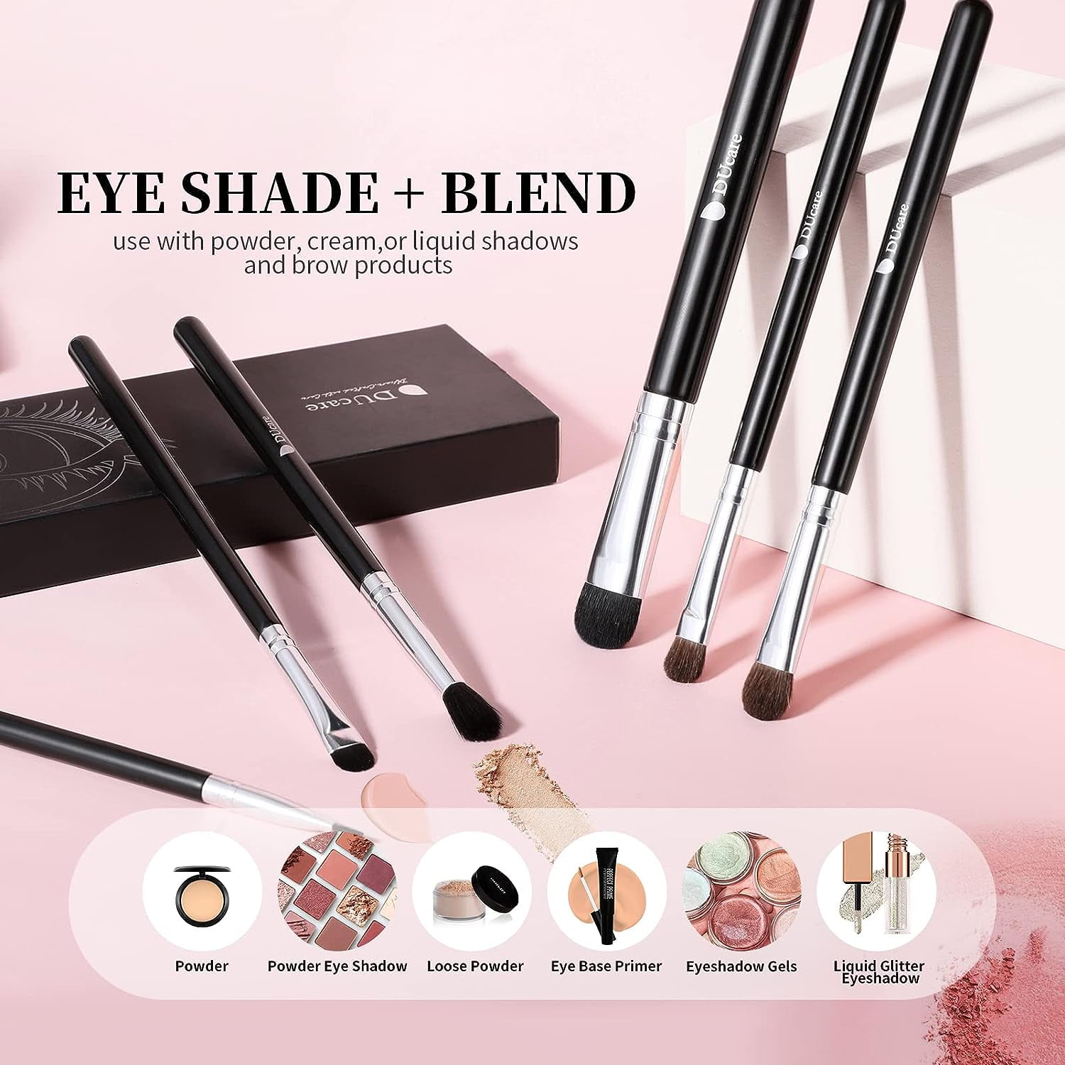 DUcare 6 Piece Angled Eyeshadow and Eyebrow Makeup Brush Set, Synthetic Hair, Black