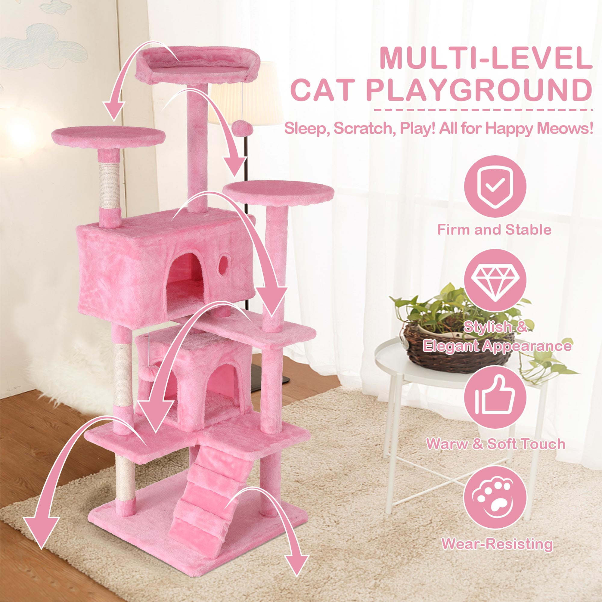 CL.HPAHKL 54in Cat Tree Tower, Multi-Level Cat Tower Furniture Activity Center with Platform Scratching Posts Stand House Condo and Toy, Cat Condos for Indoor Cats Kitten Activity Relaxing, Pink