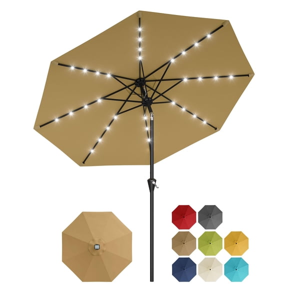 10FT Solar Patio Umbrella with 32 LED Lights - Outdoor Table Umbrella with Crank Lift, Push Button Tilt and 8 Sturdy Ribs - Market Umbrella UV Protection for Pool, Deck, Yard, Garden -Tan