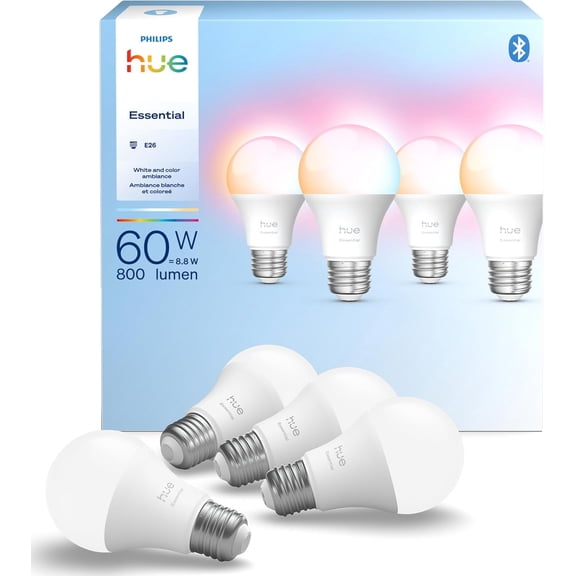Essential Smart LED A19 Bulb, White and Color Ambiance, E26 Base, 8.8W, 2200K-6500K, 800 Lumens, Dimmable, Works with Alexa, Google, Home, 4-Pack