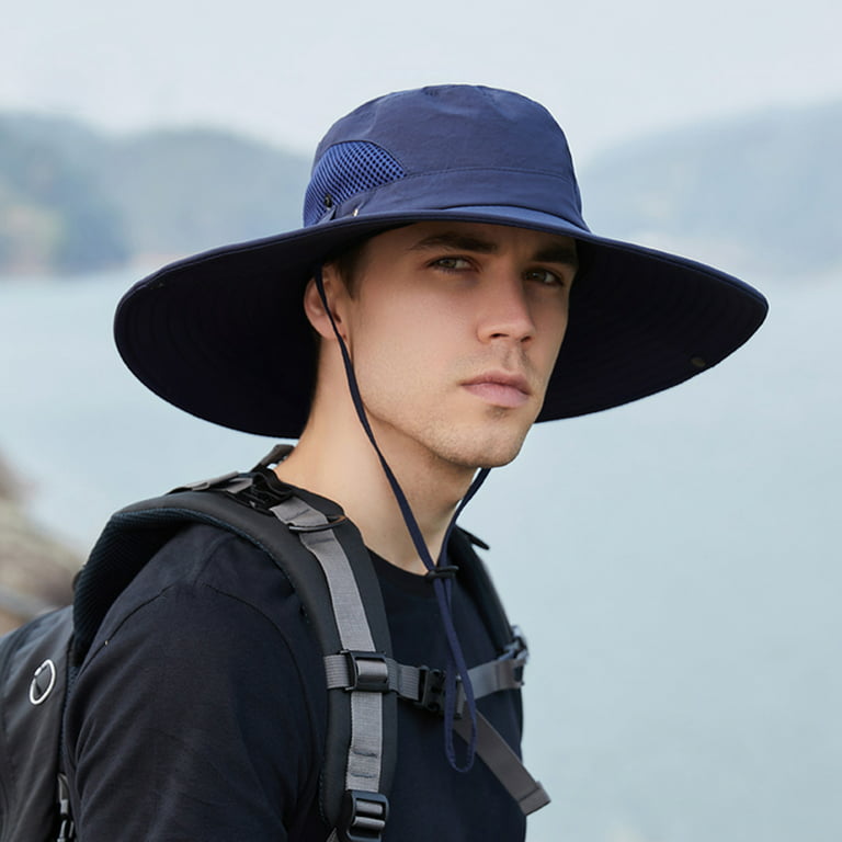 iOPQO Bucket Hats Men Mountaineering Fishing Solid Color Hood Rope Outdoor  Shade Foldable Casual Breathable Bucket Hat adult hat Navy