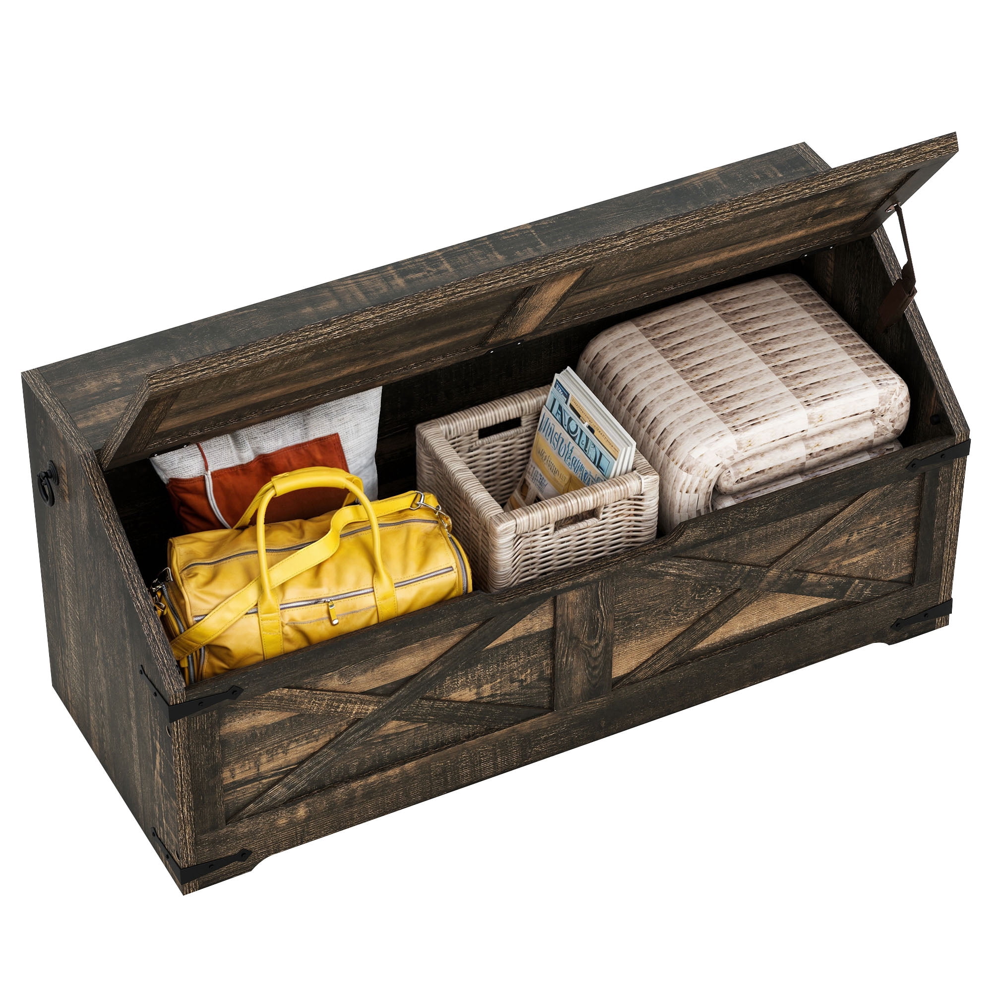 Uforic 39.4" Farmhouse Storage Chest with 4 Wheels, Wooden Storage Trunk with Safety Hinge, Storage Bench Storage Box - Rustic Brown