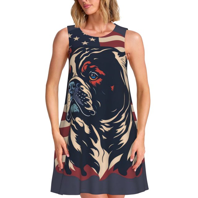 Balery Patriotic Bulldog Art Vestidos de verano para mujer con estampado: vestido holgado sin mangas, vestido playero informal y cómodo para días calurosos.