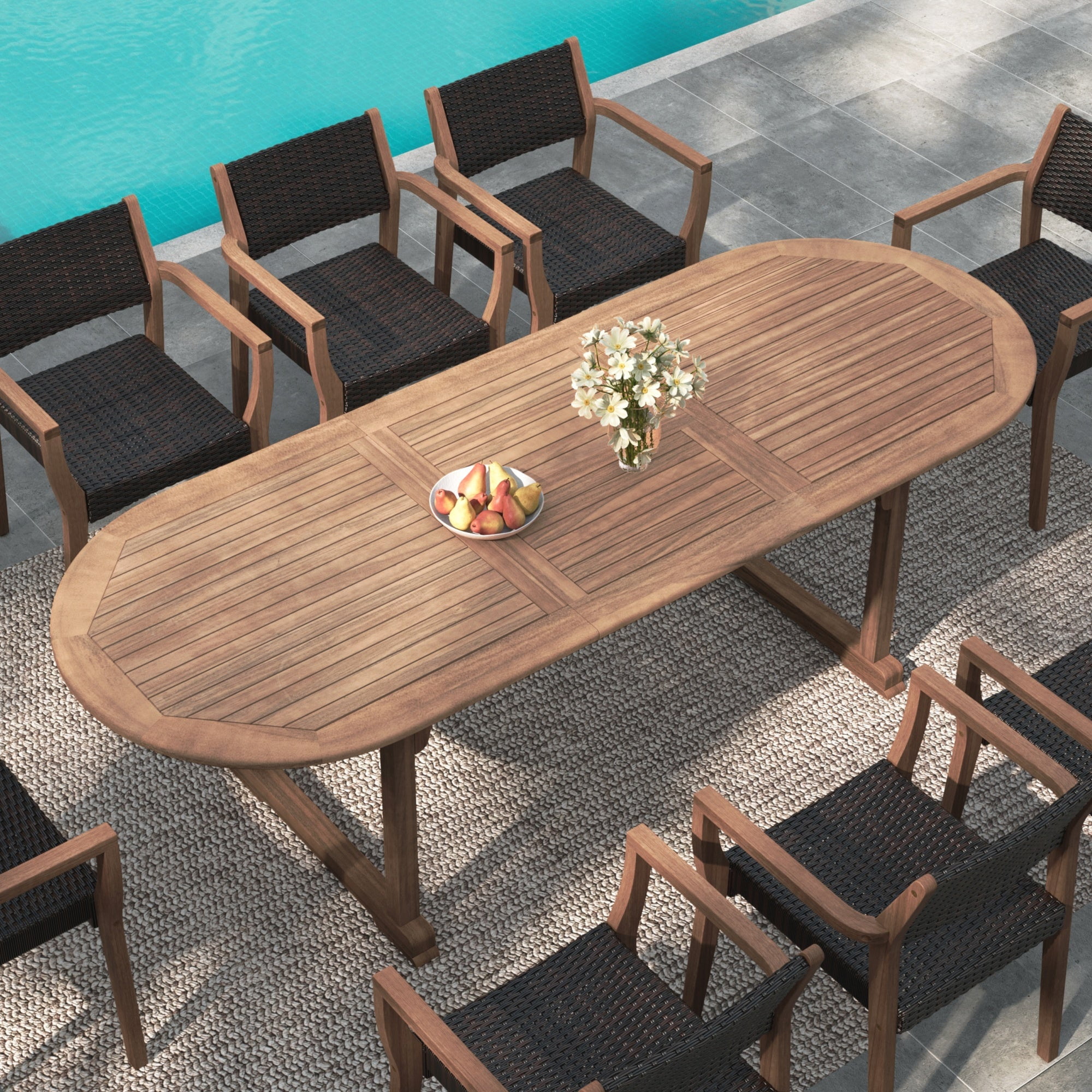 MF Studio 7-Piece Acacia Wood Outdoor Patio Dining Set with Extendable Table and Rattan Chair for 6 People, Wood Frame & Wicker Seat, Dark Brown