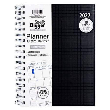 See It Bigger Monthly Weekly Medium Black Planner, 7" x 9", 18 Months (Jul 2026 - Dec 2027)