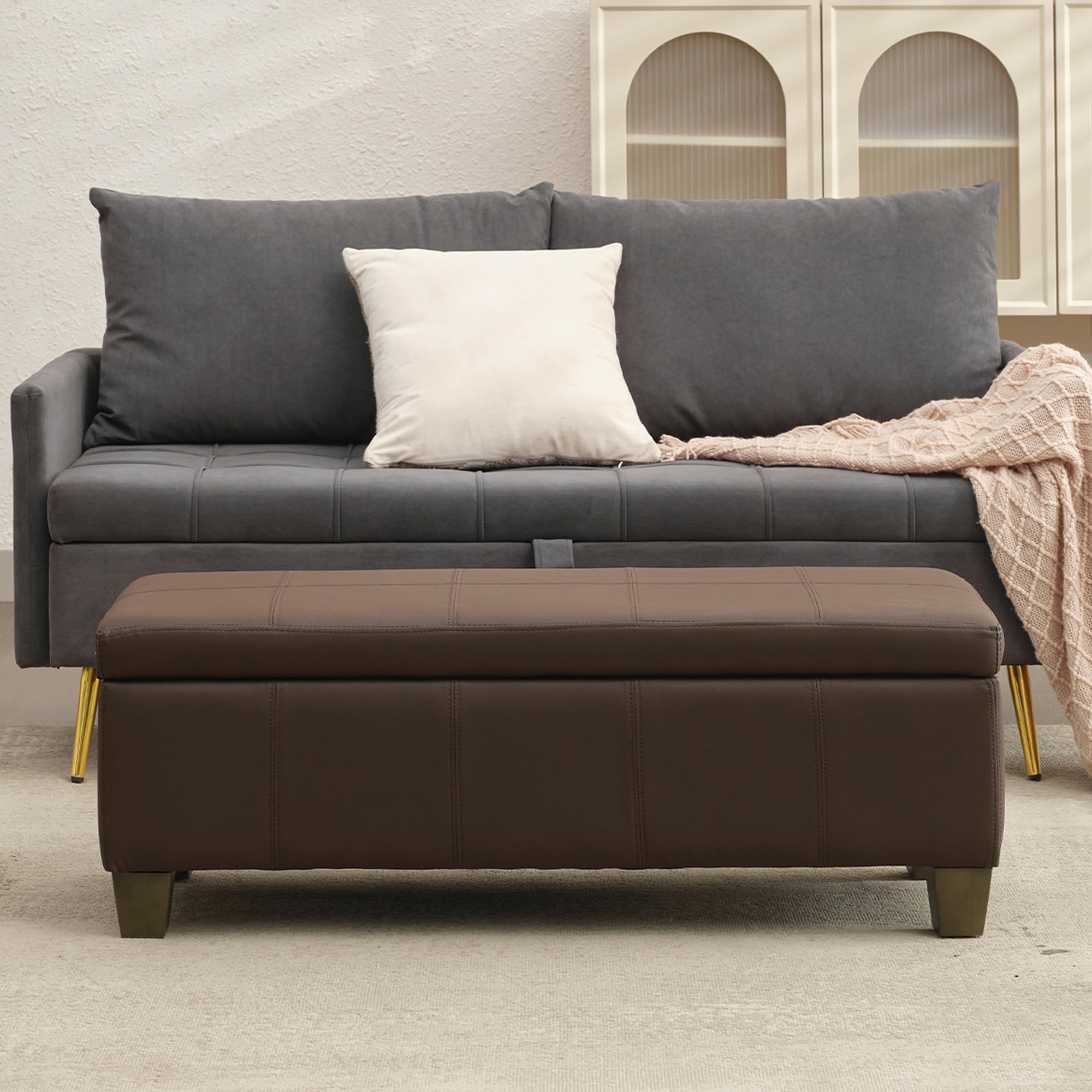 Foredo Rectangle Ottoman with Storage, Modern Faux Leather Bench with Solid Wood Legs, Ottoman for Living Room, Bedroom and Entryway, Brown
