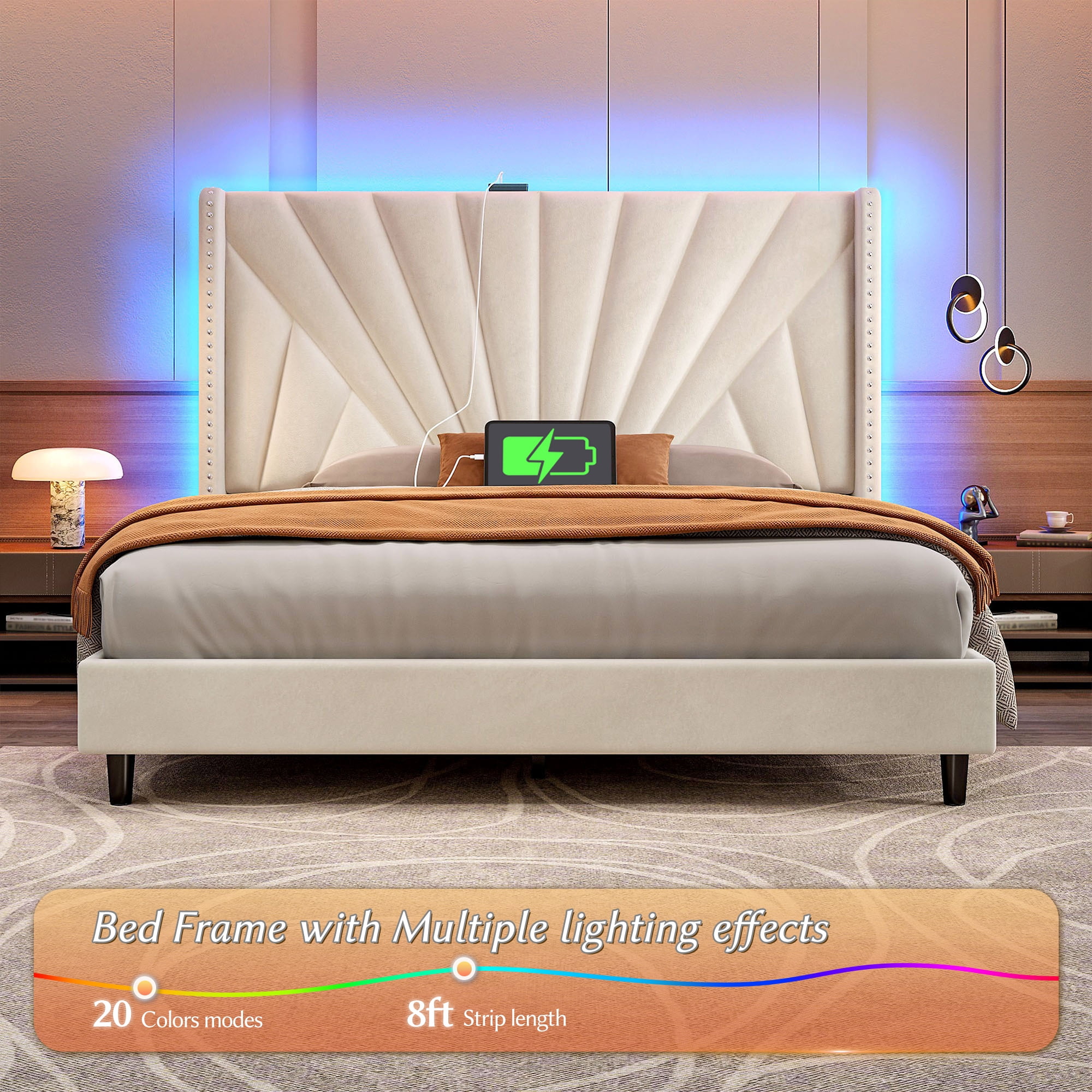 Romorgniz Queen Bed Frame with 51'' Tall Headboard Velvet Upholstered Bed Frame with Charging Station & LED Lights , Beige