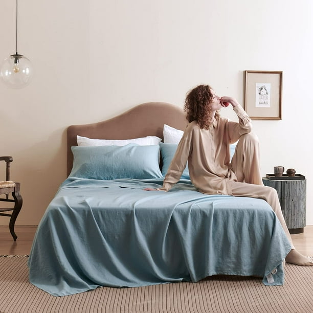 Linen Sheets Set California King Size 100 Percent Bed Deep Pocket Breathable Bedding Washed French Sheet Blue 108 X102 Com Linen Sheets Set California King Size, California King Size Bed Sheets Set