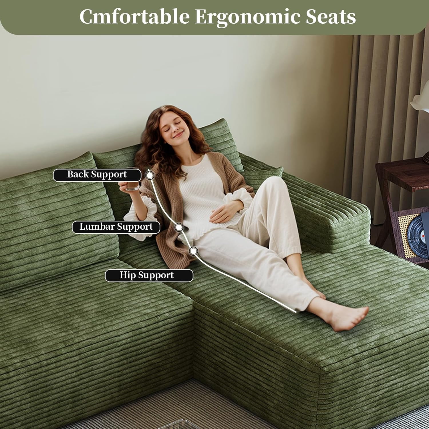 Sailvan 135" Cloud Sectional Couch, Cloudy Sofa with L-Shape Chaise & Ottoman, Upholstered Couches for Living Room & Bedroom, No Assembly Required, Plush Corduroy Fabric, Green