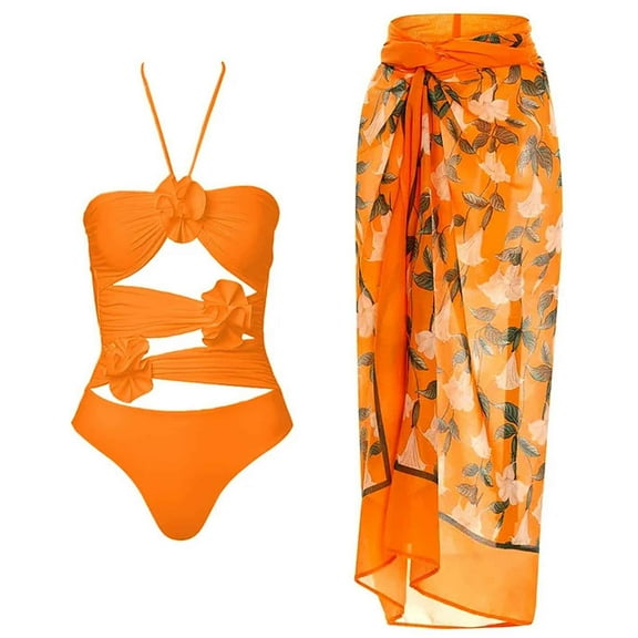 Jacenvly One Piece Bathing Suit for Women with Wrap Skirts 2 Piece Soft Cozy Trendy Women'S Swimsuit One-Piece Swimsuit Bikini Lace up Swimsuit Long Skirt Chiffon Two-Piece Set Orange