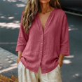 thumbnail image 6 of Only Moment Button Down Shirts for Women 3/4 Sleeve V Neck Linen Casual Loose Long Sleeve Solid Lapel Long Blouses Tops with Pockets Hot Pink,S, 6 of 7