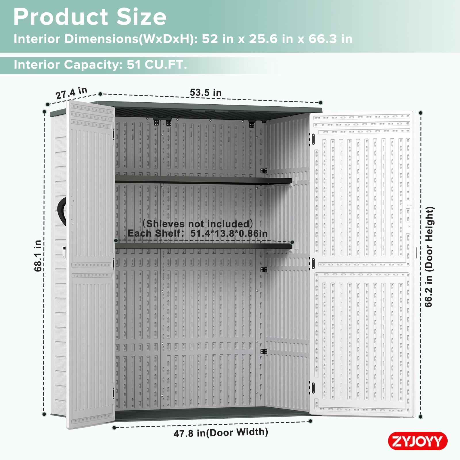 ZYJOYY Outdoor Storage Cabinet, 60 Cu. Ft. Resin Vertical Storage Shed with Floor, Lockable Waterproof Storage for Garden Tools, Pool Supplies & Patio Essentials, Grey