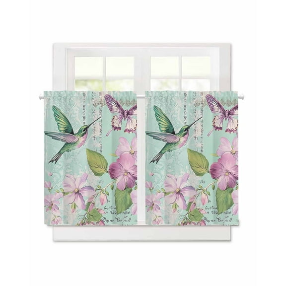 Watercolor Flower Short Blackout Curtains 36 Inch Long Kingfisher Butterfly Teal Text Bottom Rod Pocket Kitchen Curtains, 2 Panels Thermal Insulated Room Darkening Drapes for Bedroom, 30"W x 36"L